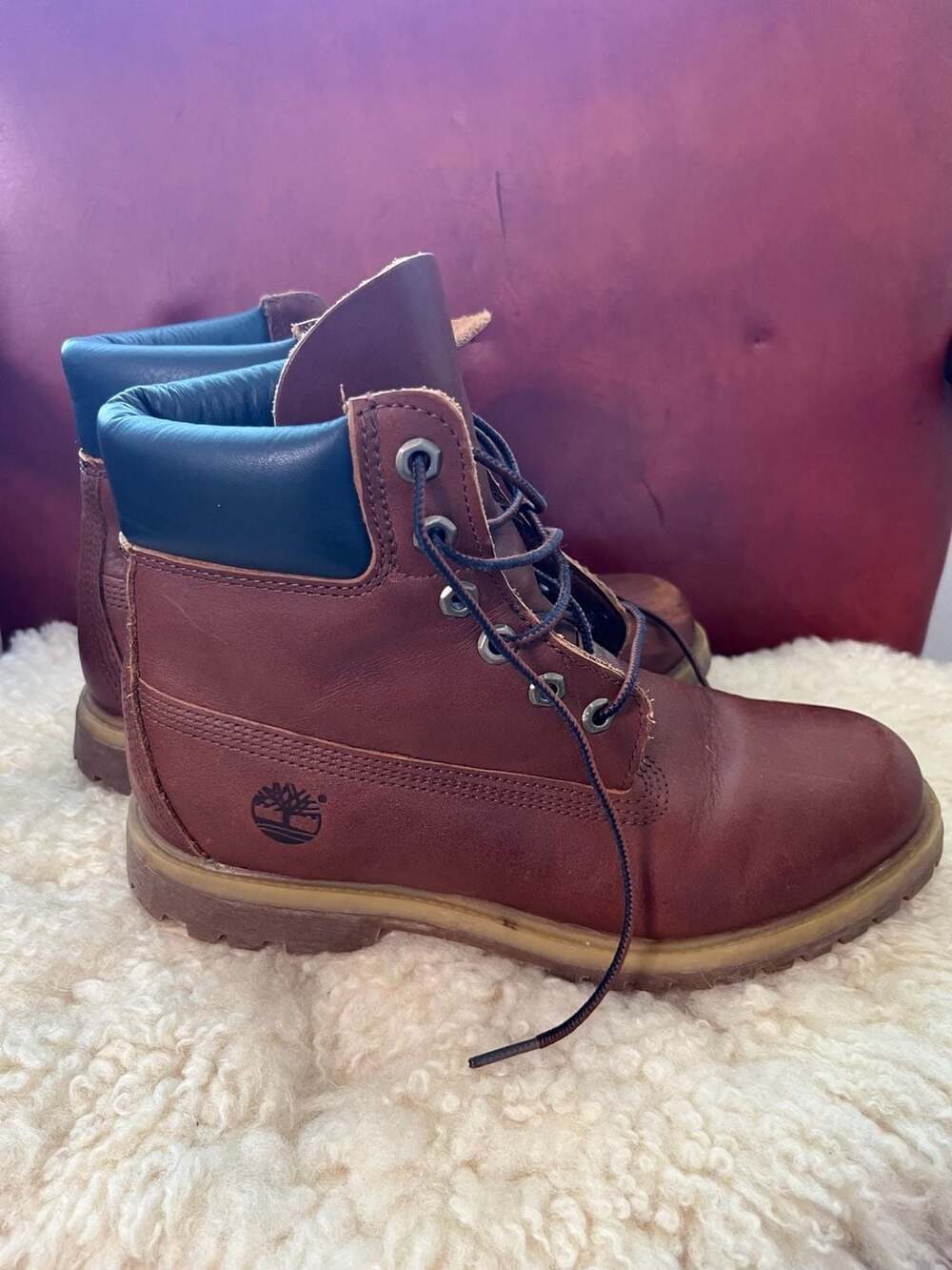 Timberland 6-Inch Premium Brown Leather Waterproof Work Boots Navy Padded Collar